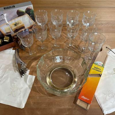 Party Time! Vintage Mikasa Wine Glasses, Cheese Slicer, Salami Cutting Board, and More.