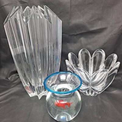 Orefors Lotus Bowl, Goldfish Art Glass, And Art Deco Style Vase