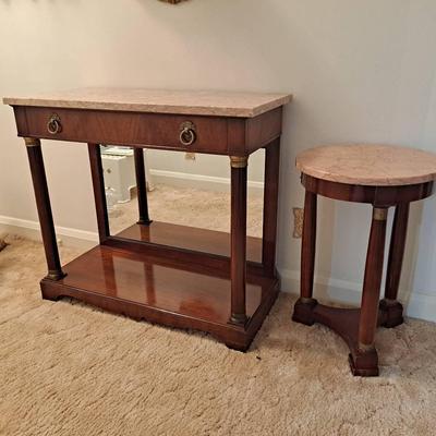 Wm A. Berkey Marble Top Console Table And Empire Style Round Side Table