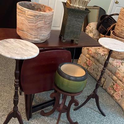 Two Marble Plant Stands, Planters And Wooden Tray Tables