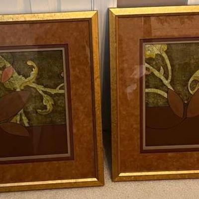 Pair Of Glass Framed Leaf Paintings
