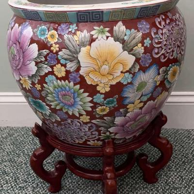 Vintage Chinese Fishbowl Planter With Wooden Stand