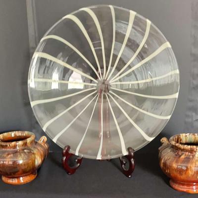 Beautiful Glass Decorative Platter & Two Ceramic Pots