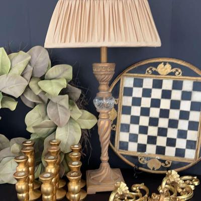 Wooden Candleholders In Gold Color With A Detailed Chess Board & Table Lamp