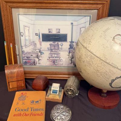 School Room Picture, 12” Globe & Vintage Office Items
