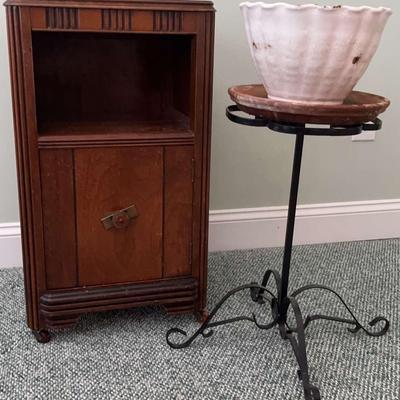 Vintage Wooden Nightstand & Metal Plant Stand
