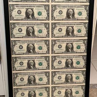 Framed 1981 Series Uncut One Dollar Bills