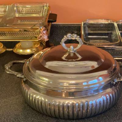 Vintage Warmer Trays & Silver Toned Serving Dish 