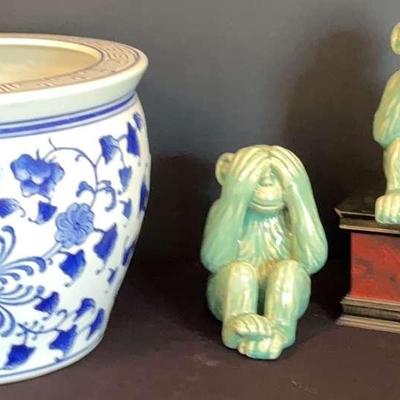 Asian Fishbowl Planter & Hear No Evil Ceramic Monkeys 
