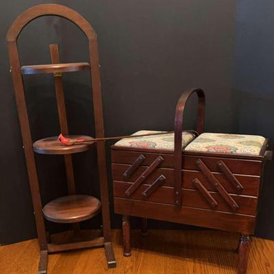Accordion Tapestry Sewing Box & Small Wooden Shelf
