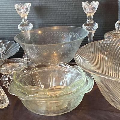Punch Bowl, Candle Stick Holders, & Large Glass Bowls