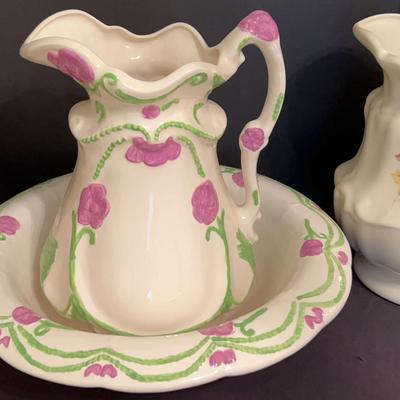 Beautiful Ceramic Floral Pitcher With Wash Bowl & Two Additional Pitchers