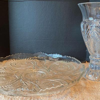 Large Glass Platter & Crystal Urn 