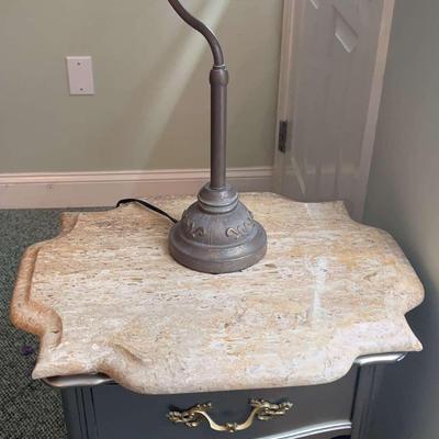 Silver Finished Wooden Nightstand With Marble Top And Lamp