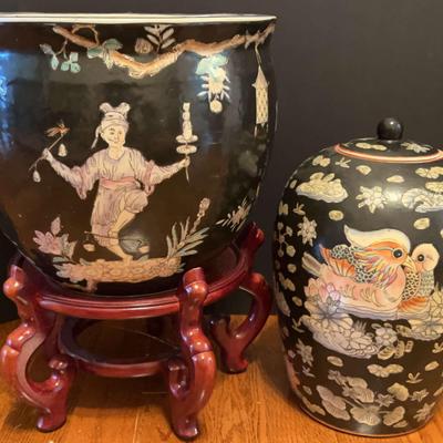 Large Asian Fishbowl Made By Andrea By Sadek With Plant Stand & Ginger Jar With Lid