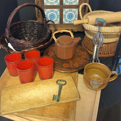 Wooden Kitchen Items & Baskets Featuring A Hand Crank Egg Beater