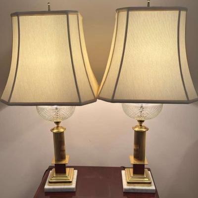 Pair Of Brass Tone & Glass Table Lamps