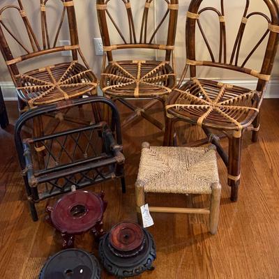Set Of Three Bamboo Chairs, Sea Grass Stool & Wooden Plant Stands 