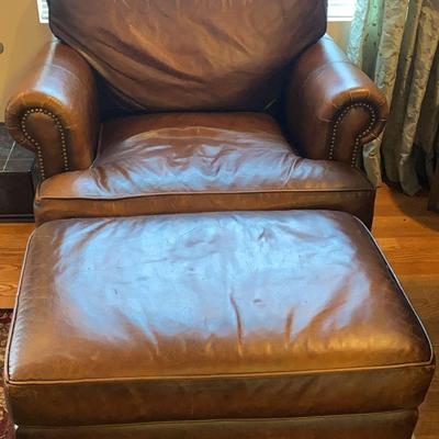 Haverty’s Brown Leather Chair With Matching Ottoman