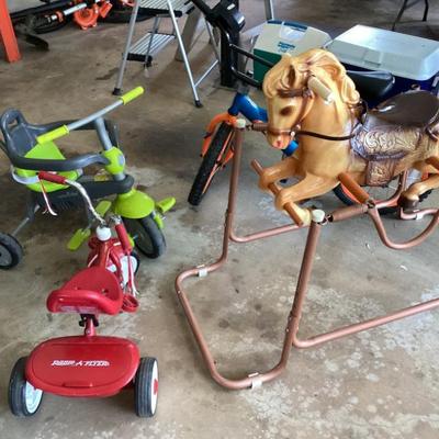 Vintage bouncy horse and kids bike and trikes