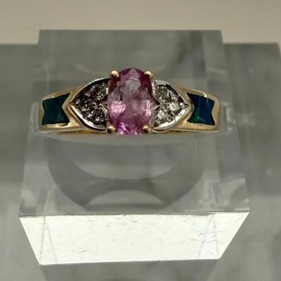 14K Yellow Gold Ring With Pink Sapphire, Diamonds & Opal Insets, Size 5.75, 3.53 Grams