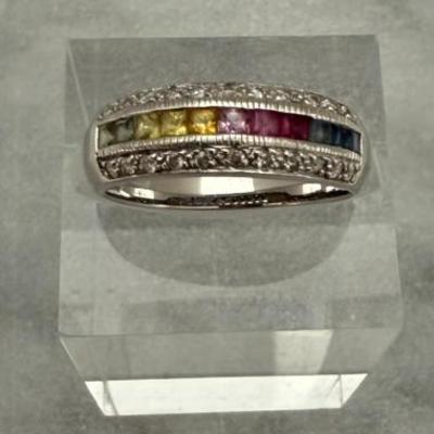 14K White Gold Ring W/ Rainbow Sapphires And White Diamonds, Size 6.75, 4.38 Grams
