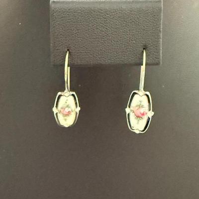 Vintage Enameled Rose Guilloche Sterling Silver Earrings With Added 14k White Gold Ear Wires- 2.56 Grams