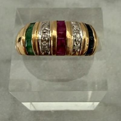 14K Yellow Gold Ring With Emeralds, Sapphires, Rubies & White Diamonds, Size 6, 4.88 Grams