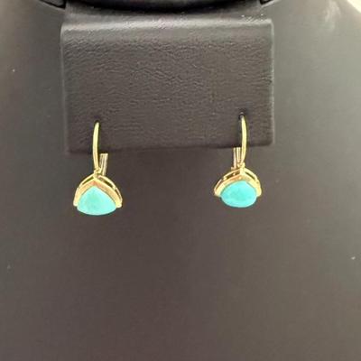 14K Yellow Gold Mexico Turquois Leverback Earrings - 1.50 Grams