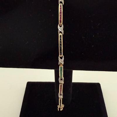 10k Yellow Gold Tennis Bracelet W/rubies, Emeralds, Sapphires & White Diamonds, 7.25" Long, 6.41 Grams