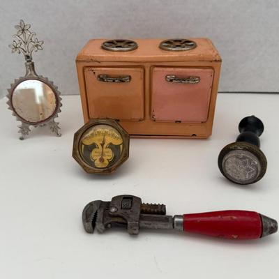 Japan Toy Stove, Mirror On Stand, Mini Pipe Wrench, Deco Room Thermometer, Victorian Tie Back
