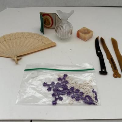 Lot Of Misc Vintage Items- Celluloid Fan, Perfume Bottle, Doilies, Asian Letter Openers, Stone Bowl