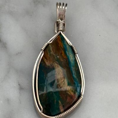 Silver Wrapped Pendant With Teal & Tan Polished Stone