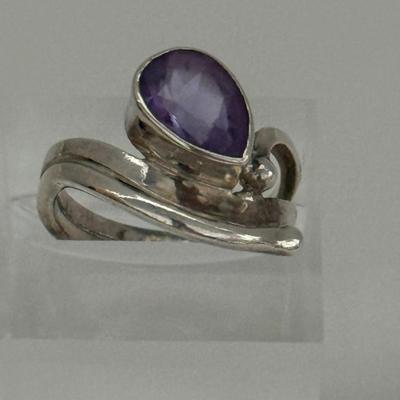 Handmade Sterling Silver Ring W/teardrop Amethyst Stone, Size 5.75, 3.92 Grams