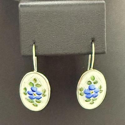 Vintage Enameled Guilloche Silver Earrings With Added 14k White Gold Ear Wires