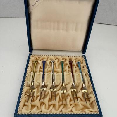 Lot (6) Vintage Enameled Sterling Silver .925 Norway Olive Forks Set In Box--52.92 Grams 
