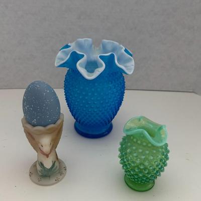 Lot (3) Pieces Fenton Glassware--Hobnail Vases & Bunny Egg Holder