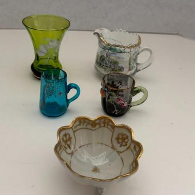 Lot (4) Vintage Glass & (1) Vintage Nut Cup-- Seward, NE Souvenir Pitcher, Vase, Enameled Mugs, Footed Nut Cup
