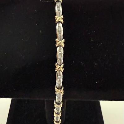 10k Yellow Gold & White Gold Tennis Bracelet W/White Diamonds, 7.25" Long, 8.34 Grams