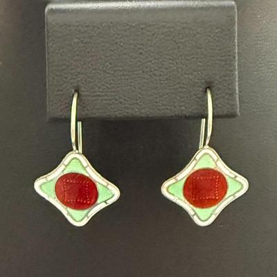 Vintage Enameled Guilloche Sterling Silver Earrings With Added 14k White Gold Ear Wires- 2.59 Grams
