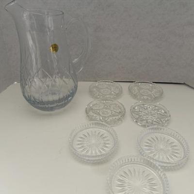 Lot - Large Block Crystal Pitcher, (4) Glass Coasters & (3) Crystal Coasters