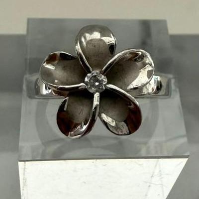 925 Silver Plumeria Ring W/clear Stone, Size 6 , 3.29 Grams