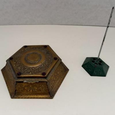 Lot Vintage Bronze Toned Box Adorned With Purple Stones & Receipt Holder