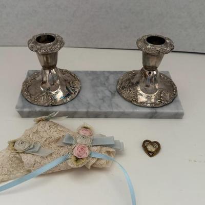 Lot (2) Silverplate Godlinger Candleholders, Vintage Child's Picture Pin & Lace Ephemera