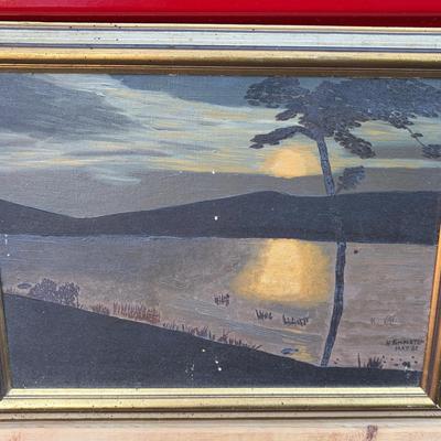 Vintage Giltwood-Framed Signed Lakeside Landscape Screen Painting