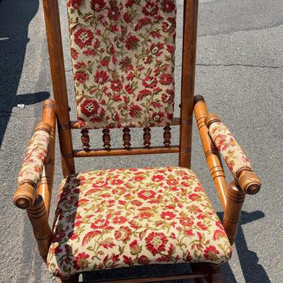 Antique Victorian Spindleback Floral-Themed Rocking Chair 