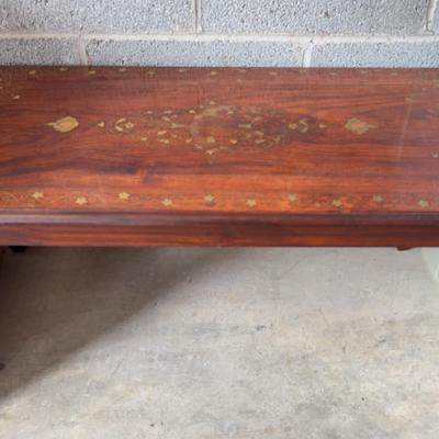Pakistani Wooden Coffee Table W/ Ornate Brass Inlay