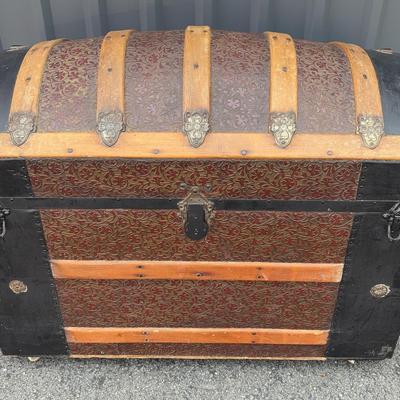 Large Vintage Wooden Trunk W/ Embossed Leather Sides