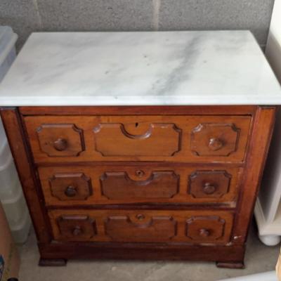 Antique Marble-Top Wooden Side Chest
