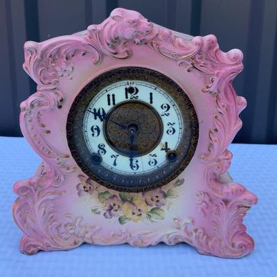 Antique Gilbert Clock Co Floral-Themed Porcelain Mantle Clock